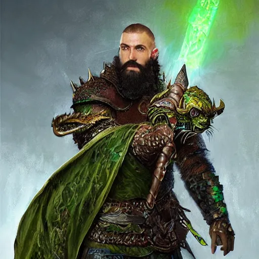 Prompt: A portrait of a king with short hair and a trimmed beard, dual wielding swords, wearing green dragon scale armor and a cheetah pelt cloak, fantasy, digital art by Ruan Jia, Donglu Yu