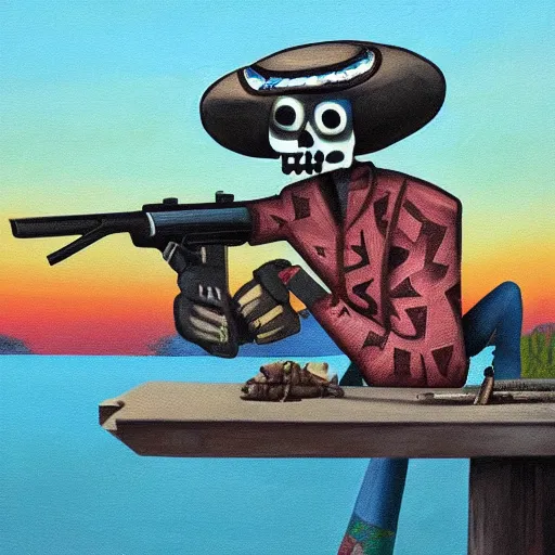 Image similar to very detailed and perfectly readable fine and soft relevant out of lines soft edges painting, manny calavera sitting with a rifle, in a cabin, on a lake, sunrise, grim fandango style,