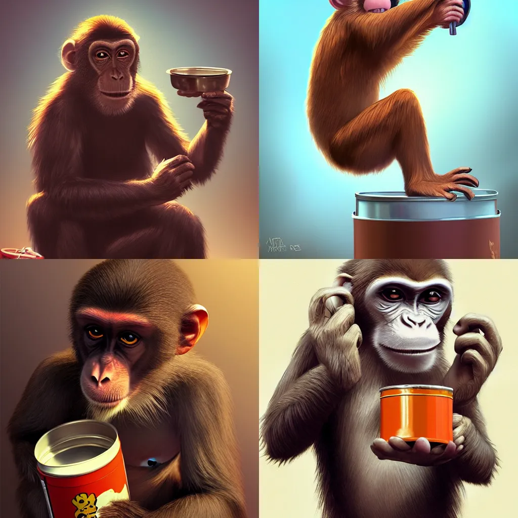 Prompt: monkey eating a tin can of beans by gabriel ramos artstation
