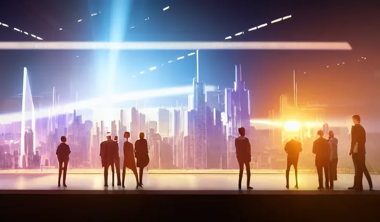 Image similar to group of people in simple warehouse, looking at hologram of futuristic city on a table, cinematic concept art, godrays, golden hour, natural sunlight, 4 k, clear details, tabletop model buildings, center model buildings, hologram center, crane shot, crane shot, crane shot