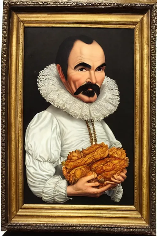 Image similar to a 1 6 0 0 s framed portrait painting of burt reynolds holding a bucket of fried chicken, intricate, elegant, highly detailed