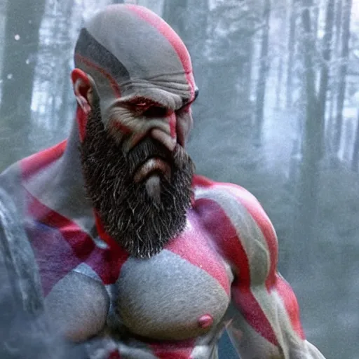 Prompt: kratos the god of war caught in a wood cam picture