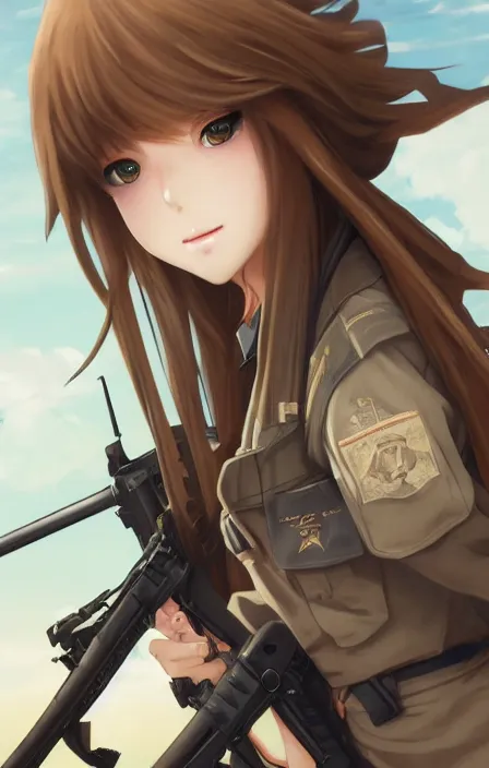 Prompt: infantry girl, anime style, long hair, hair down, symmetrical facial features, from girls frontline, hyper realistic, pale skin, 4 k, rule of thirds, extreme detail, detailed drawing, trending artstation, hd, war action, trading card, by alphonse mucha, greg rutkowski, sharp focus, backlit, gunfire