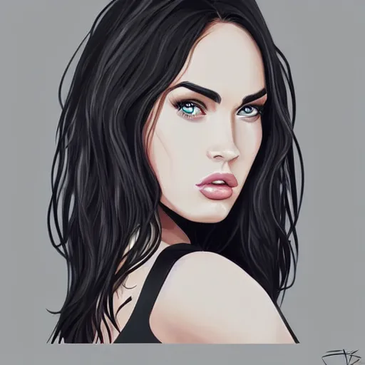 Prompt: megan fox portrait by pegah arabi artstation, cartoon face, lo fi anime, character art, digital illustration, big eyes, triangular face, semirealism,