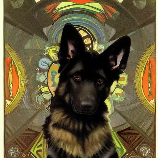 Prompt: an entirely black german shepherd mix dog with pointed ears and a tiny white tail tip jumping in a park by alphonse mucha