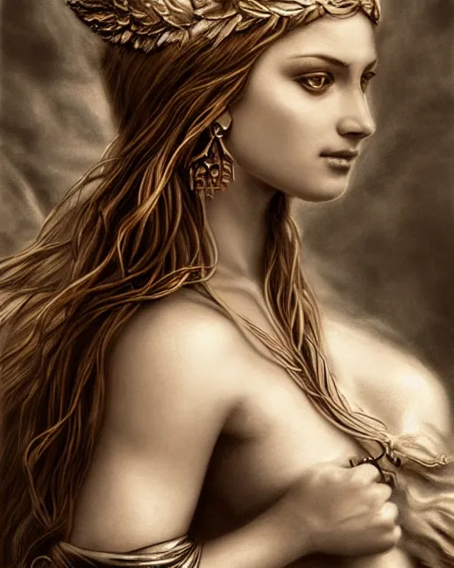 Image similar to pencil drawing of the very beautiful greek goddess aphrodite wearing a laurel wreath with arrowhead earrings, piercing eyes, beautiful flowing hair, hyper realistic face, in the style of greg rutkowski, fantasy, amazing detail, epic, elegant, smooth, sharp focus