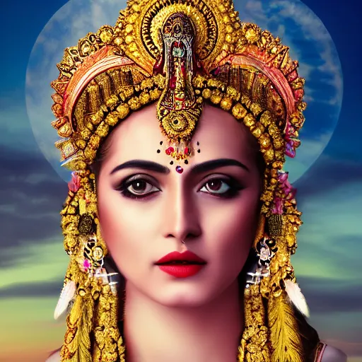 Prompt: portrait photography of indian goddess of the dawn, beautiful woman, elegant, celebration costume, jewellery, highly detailed, hyper realistic, dramatic sky, dawn, pastel, deep gaze, pretty face, glowing, in the style of caroline mackintosh