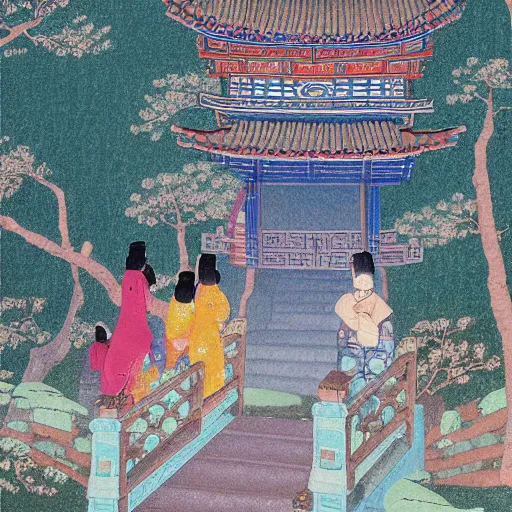 Image similar to stairs in Style of korean traditional folktale painting by Shin Yun-bok; Sin Yun-bok ; 8k resolution