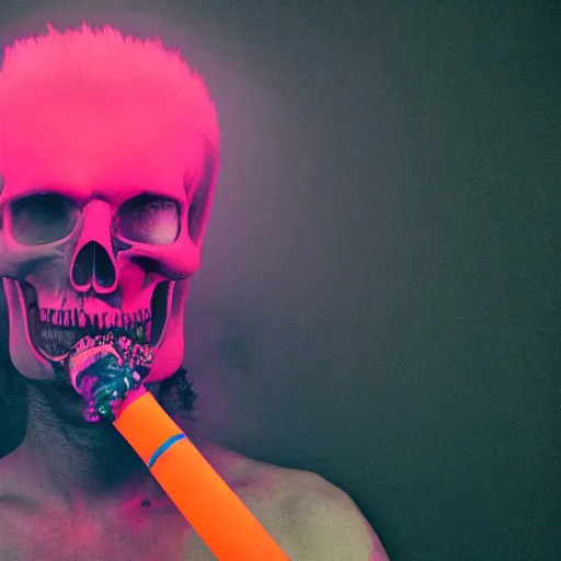 Image similar to Fuzzy neon skull smoking a pipe, studio photography