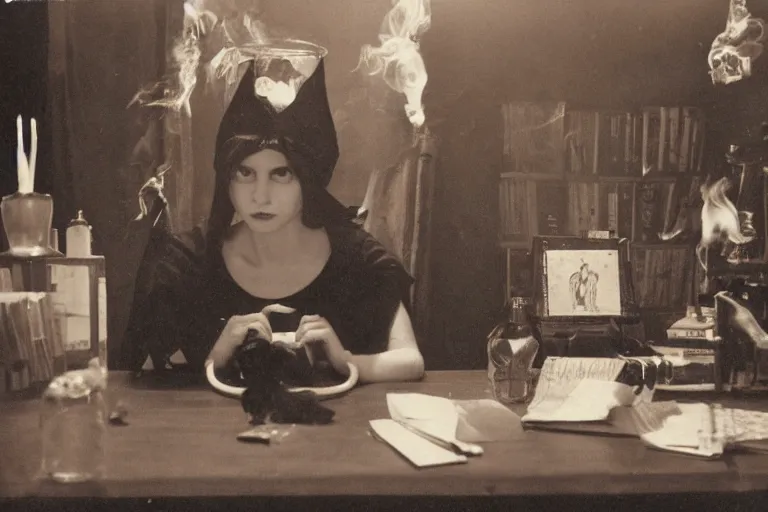 Image similar to polaroid 1 9 8 0's photo, close up portrait, dramatic lighting, concentration, calm confident teen witch and her cat with tarot card on the table in front of her, incense smoke fills the air, a witch hat and cape, apothecary shelves in the background, still from harry potter