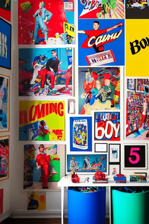 Image similar to boy room with full of pop art poster, and scattered clothes mural, photorealistic, smooth, 4 k, aesthetic lighting, baroque object, sharp focus, hyperdetailed, professional photography, pullitzer winning, photo by : canon eos 5 d mark iv, by karah mew and adnan abidi and jodie bateman