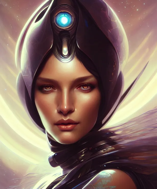 Image similar to futuristic woman portrait, sci-fi, amber eyes, face, long hair, fantasy, intricate, elegant, highly detailed, digital painting, artstation, concept art, smooth, sharp focus, illustration, art by artgerm and greg rutkowski and alphonse mucha