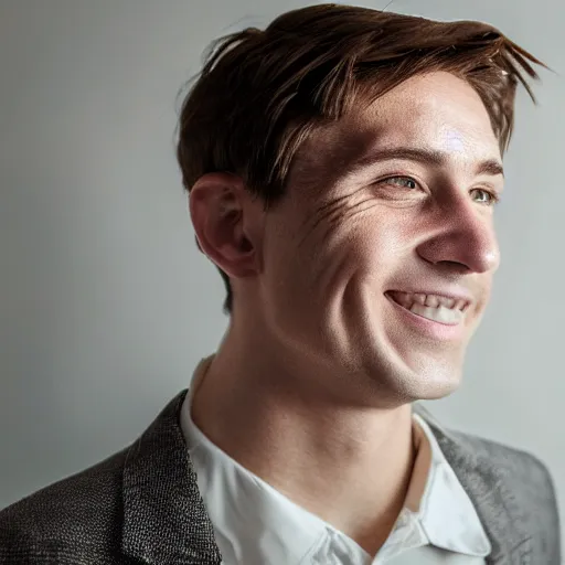 Prompt: an paper origami portrait of a caucasian man with wavey short hair, made from paper, friedly smile, raised eyebrows, great composition, ambient light