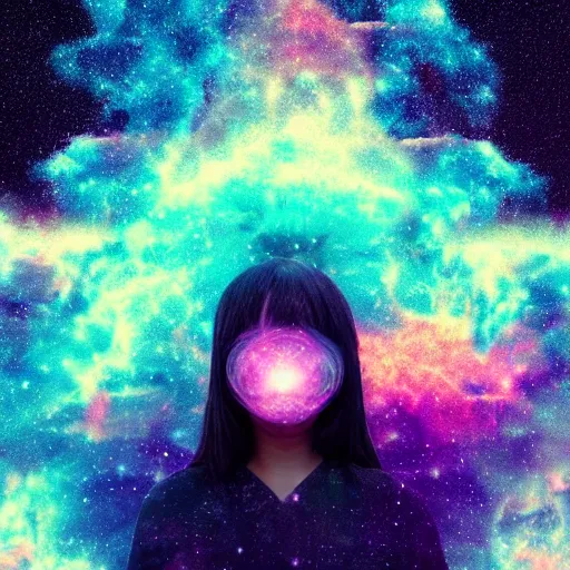 Prompt: galaxy, character, 3 d godess, fractal japanese mask, art by beeple, cloud, volumetric, dreamy, nebula background, portrait, close up, cinematic, super fine detailed, detailing