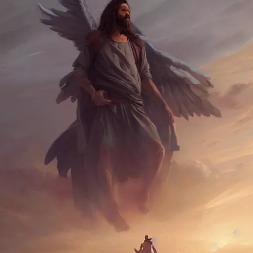 Image similar to the son of god is coming In the clouds with his angels , artstation, Greg rutkowski, cinematic, digital Art