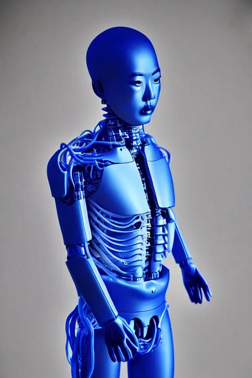 Image similar to high quality 35mm photo very expressive translucent! chinese man exoskeleton highly detailed eric zener elson peter cinematic blue lighting high angle hd 8k sharp shallow depth of field
