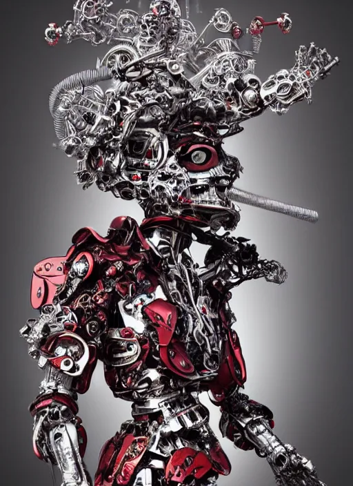 Image similar to baroque and cyberpunk style full-body sculpture of a young angry Latino prince half android with a chest exposing a glowing sapphire battery, porcelain arms posed like a bored model, red laser eyes, crown of silver gears and giant diamonds, swirling red-colored silk fabric, robot dinosaurs. geometric elements. reflective surfaces. intricate artwork by caravaggio. art by Artgerm and Alphonse Mucha, Trending on artstation, industrial lighting, photorealistic, octane render, 8k, depth of field, 3D