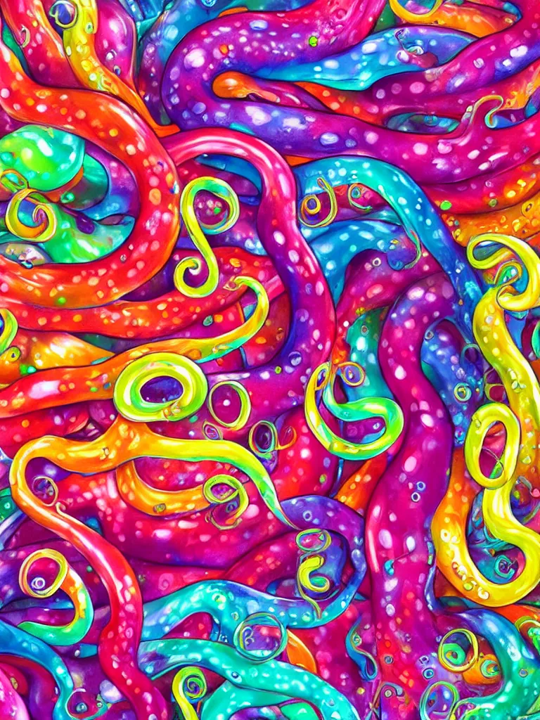 Image similar to colorful liquid octopus tentacles, hyper detailed painting, particles, bubbles, stong outline