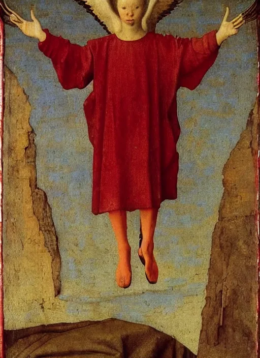 Image similar to Flying Fallen Angel dressed in red, Medieval painting by Jan van Eyck, Johannes Vermeer, Florence