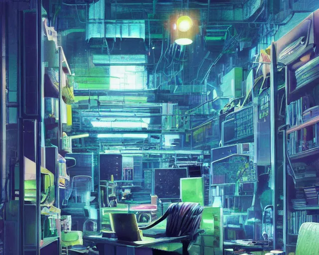 Prompt: IKEA catalogue photo of a cyberpunk office, by Paul Lehr