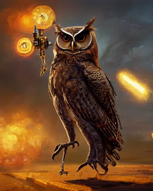 Prompt: oil painting of Anthropomorphized Steampunk Owl shooting steampunk gun, sharp focus, exploding golden steampunk city background, heroic pose, fantasy style, octane render, volumetric lighting, 8k high definition, by greg rutkowski, highly detailed, trending on art Station, magic the gathering artwork, centered, dramatic artwork