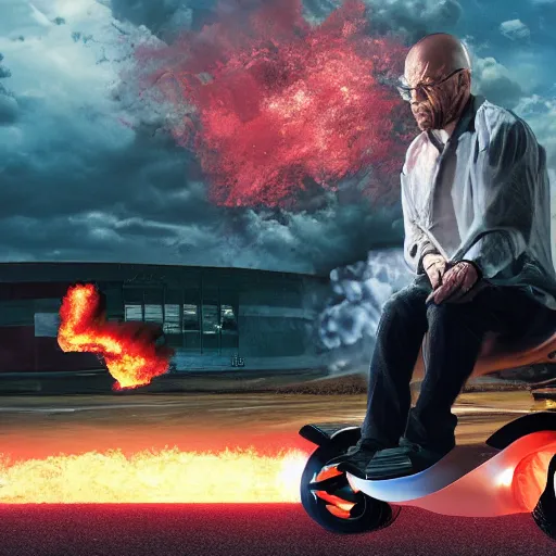 Image similar to Wide angle photo of walter white on a hoverboard with an exploding car behind him, color, cinematic lighting