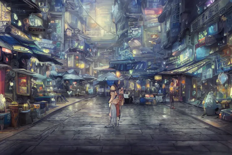 Prompt: dynamic composition, motion, ultra - detailed, incredibly detailed, a lot of details, amazing fine details and brush strokes, colorful and grayish palette, smooth, hd semirealistic anime cg concept art digital painting, watercolor oil painting of scenes without people, in asian city in style of cytus and deemo, blue flame, relaxing, calm and mysterious vibes