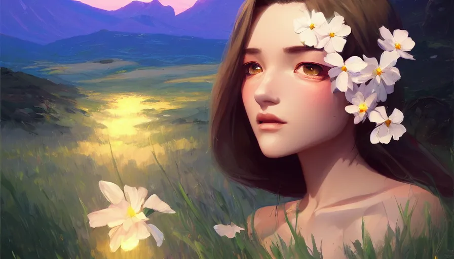 Image similar to a single flower with a few petals behind a beautiful mountain landscape, night setting. realistic shaded lighting poster by ilya kuvshinov katsuhiro, magali villeneuve, artgerm, jeremy lipkin and michael garmash, rob rey and kentaro miura style, trending on art station