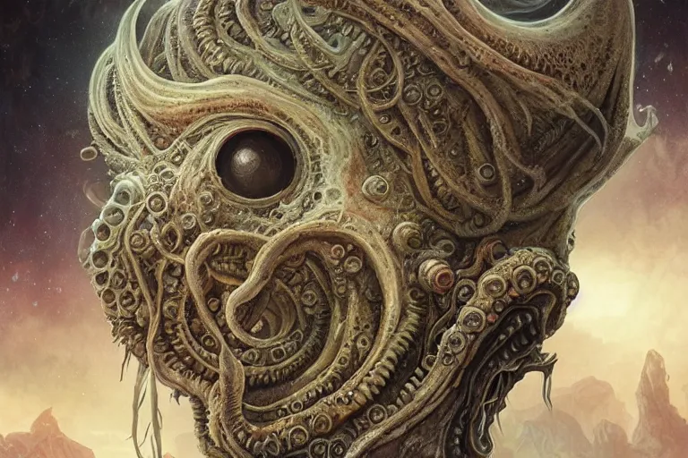 Image similar to a lovecraftian painting of cthulhu face of cosmic horror, cosmic horror elements, ultra realistic, concept art, intricate details, eerie, highly detailed, photorealistic, octane render, 8 k, unreal engine. art by artgerm and greg rutkowski and alphonse mucha