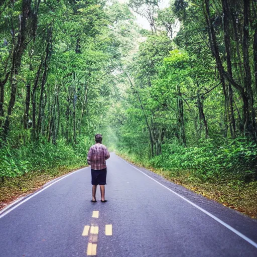 Image similar to A man sitting on a beautiful road in a forest with tall Nutmeg trees lined up on the side of the road with his back to the camera, professional photography