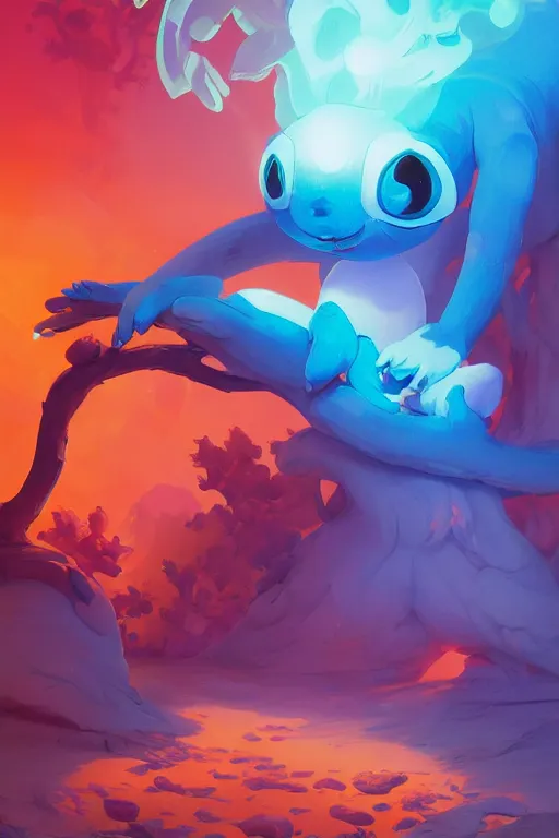 Image similar to smurf ghost creature animal sushi cristal very big eye roots cactus elemental flush of force nature micro world fluo fishscale, behance hd by jesper ejsing, by rhads, makoto shinkai and lois van baarle, ilya kuvshinov, rossdraws radiating a glowing aura global illumination ray tracing hdr