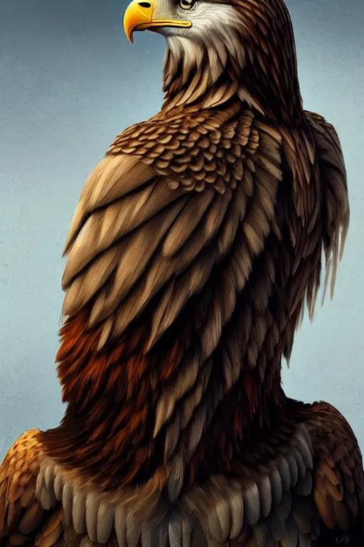 Image similar to epic professional digital art of female human - eagle hybrid animal, sitting and wearing human air force jumpsuit, humanoid feathered head, eagle beak, by reyna rochin, ignacio fernandez rios, leesha hannigan, wayne haag, artstation, cgsociety, epic, much wow, much detail, gorgeous, detailed, cinematic, masterpiece