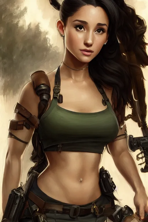 Image similar to beautiful cottagecore Ariana Grande as laura croft, Black Hair, tomb raider, intricate, elegant, highly detailed, digital painting, artstation, concept art, smooth, sharp, focus, illustration, art by artgerm and greg rutkowski and alphonse mucha