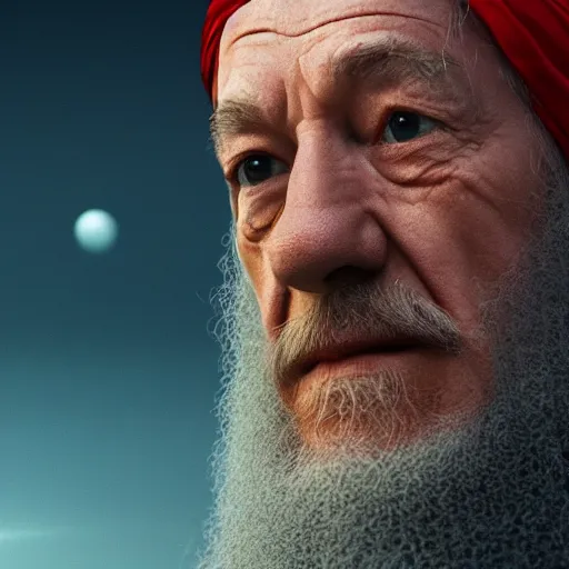 Prompt: landscape photo of ian mckellen as osama bin laden in a dark hood fighting an alien invasion by creatures from jupiter, arial shot, highly detailed, cinematic shot, cinematic lighting, 8 k.