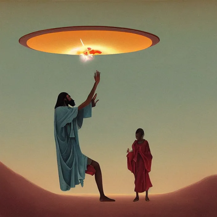 Image similar to UFO hovering over an African Jesus ,painting by Hsiao-Ron Cheng,