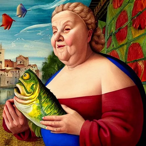 Prompt: a very funny stylize oil painting in renaissance style of a sweet fat old woman kissing a huge colorful fish. symmetry face, red mouth, blue eyes. flowery dress. hyper realistic scene. 3 d, octane render, deep focus, white scene. very funny and sweet image. unreal engine. watercolor. fellini style. poster quality. da vinci painting style.