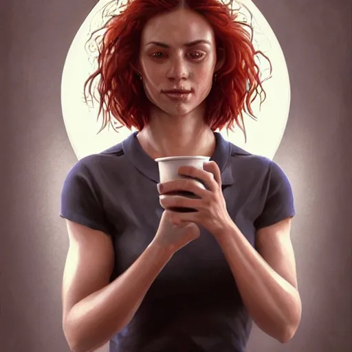 Image similar to an waitress with short sleeves holding coffee, muscular, sweaty skin, goddess, flowing red hair, wet, perfectly-centered-Portrait of a most beautiful woman it the world, intricate, highly detailed, digital painting, artstation, concept art, smooth, sharp focus, illustration, Unreal Engine 5, 8K, art by artgerm and greg rutkowski and alphonse mucha