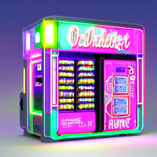 Image similar to friendly robot vending machine with pastel led lights made of cheap materials selling cheap junk food in a city comprised of light matter, set in the distant future, plants, light prisms, rainbow diffraction, steampunk, cyberpunk, robots, warm lights, anime, vhs distortion, art style mimics starlight brigade by game grumps