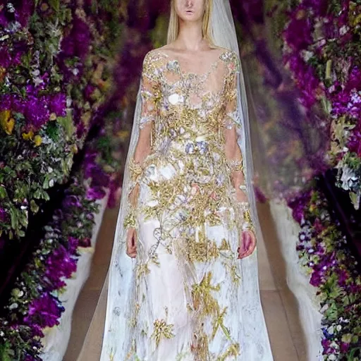 Image similar to a long wedding dress with a train made of flower petals made of light - colored fabric. transparent in places. in places, patterns of precious stones. intricate patterns of gold thin threads. fantasy. clear details