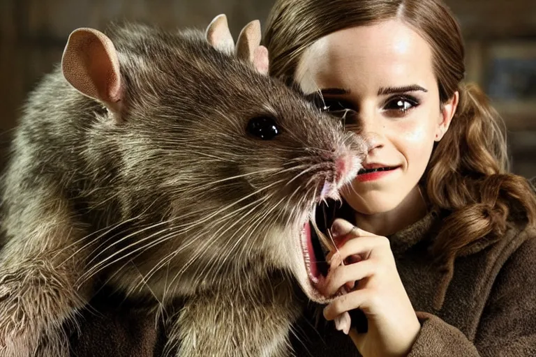 Prompt: photo, emma watson as anthropomorphic furry - rat, huge rats around, eating cheese, highly detailed, intricate details