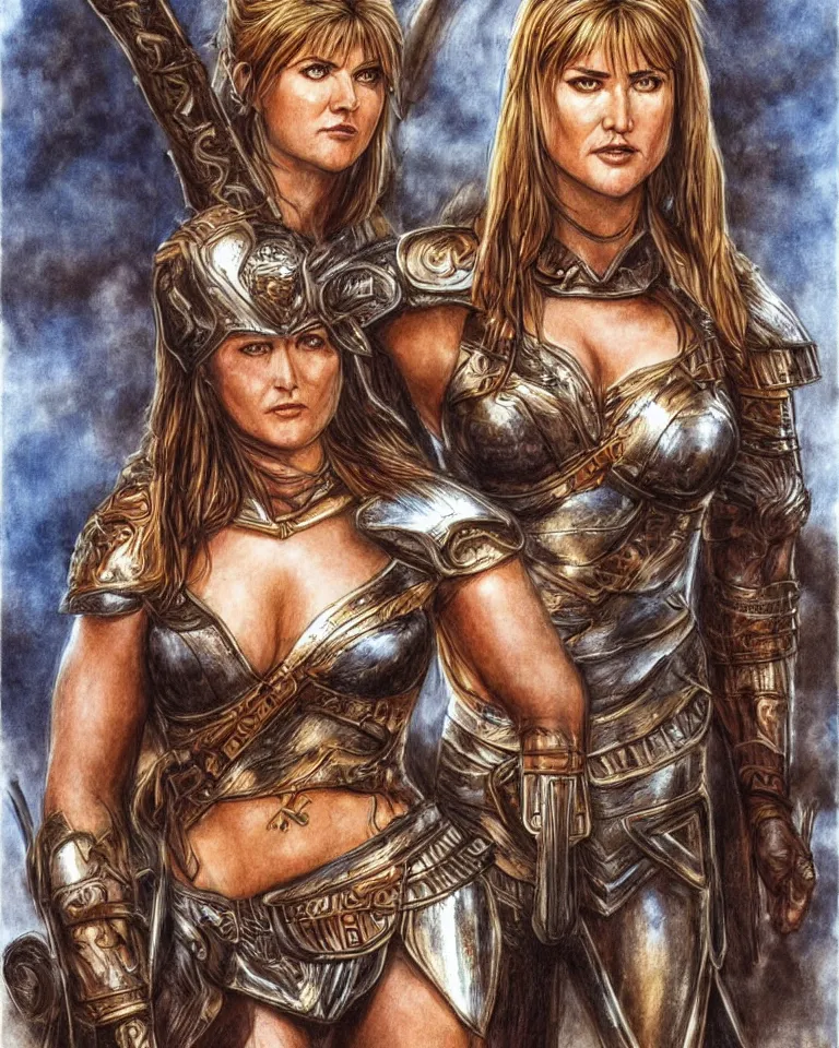 Image similar to a young lucy lawless as xena warrior princess as an amazon warrior, a tall beautiful woman with brown skin and long hair, dressed in hellenistic body armor, intricate, elegant, highly detailed, smooth, sharp focus, detailed face, art by ardian syaf