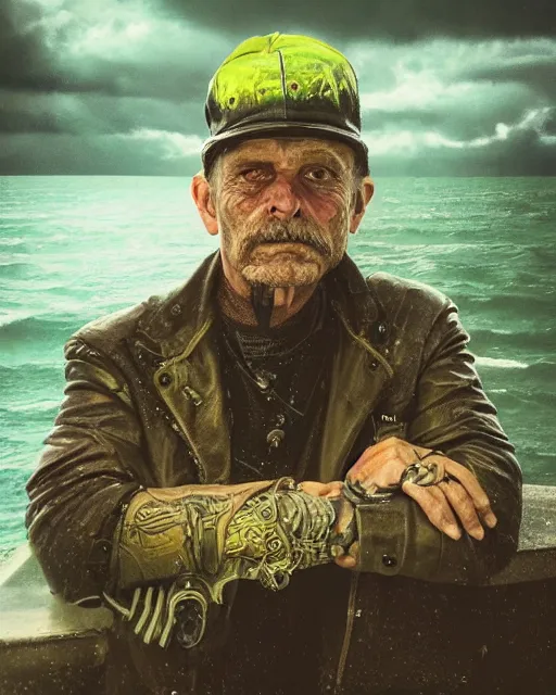 Prompt: an intimate portrait of a gnarly human cyberpunk captain, old skin, faded hat, charming, strong leader, green eyes, a look of cunning, slight smile, detailed matte fantasy painting, the sea and storms behind him, fires burning