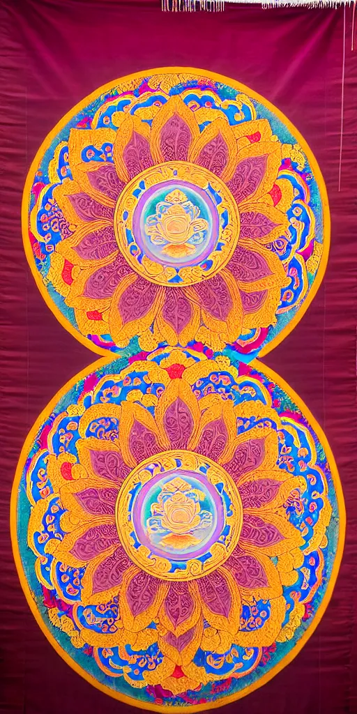 Prompt: a very intricate huge lotus thangka mandala on silk, shot by 5 0 mm f 2