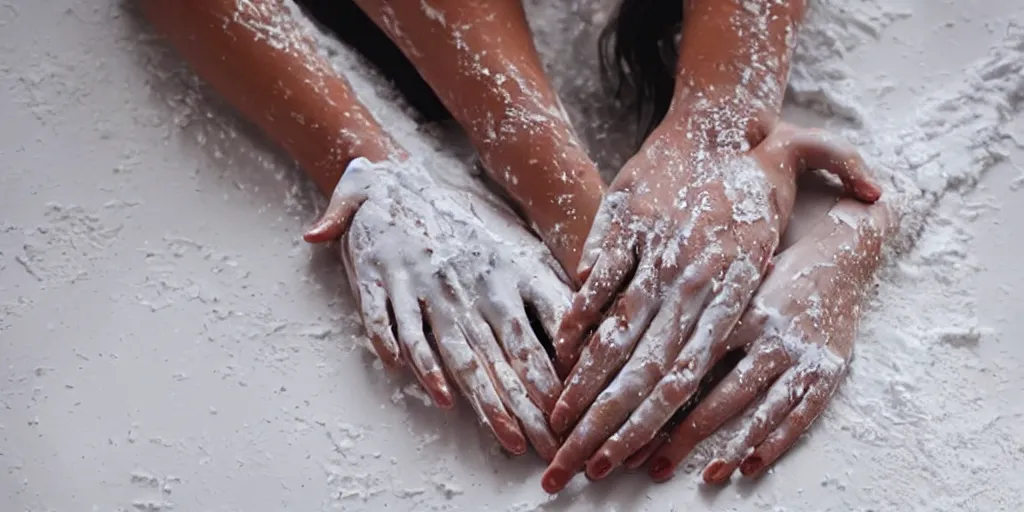 Image similar to beautiful hands, fingers intertwined, covered in white paint, dripping paint, shoulders, skin