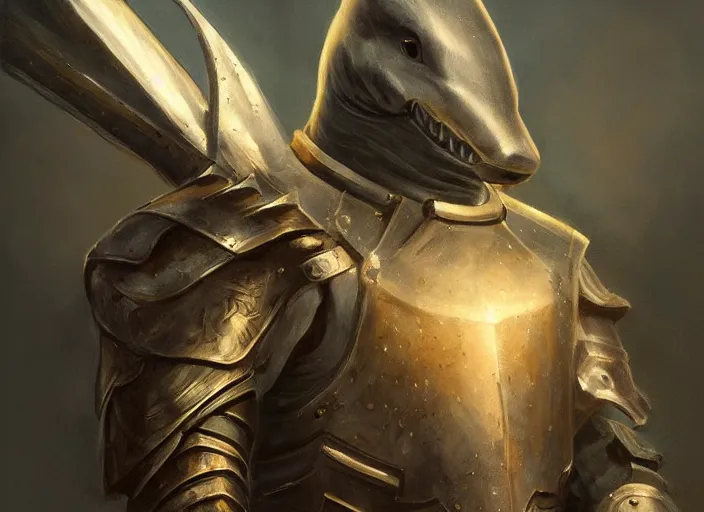 Image similar to beautiful oil matte portrait painting, a shark wearing armor holding a saberstaff, lightstaber, wonderful masterpiece highly detailed, beautiful cinematic light deep focus, elegant, digital painting, smooth, sharp focus, golden ratio, dramatic illumination, ultra realistic, 8 k, art by jimmy law