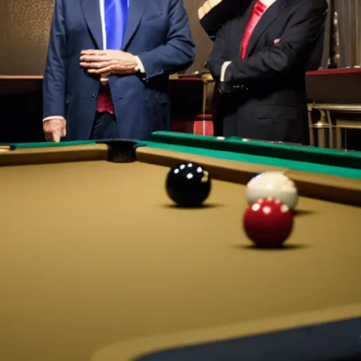 Prompt: trump and polosi playing pool together, in pool hall.