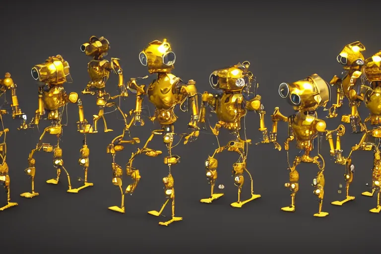 Prompt: a queue of 7 golden and blue metal humanoid steampunk robots dancing on a concert stage, robots are wearing and gears and tubes, eyes are glowing red lightbulbs, shiny crisp finish, 3 d render, 8 k, insaneley detailed, fluorescent colors, nightlight