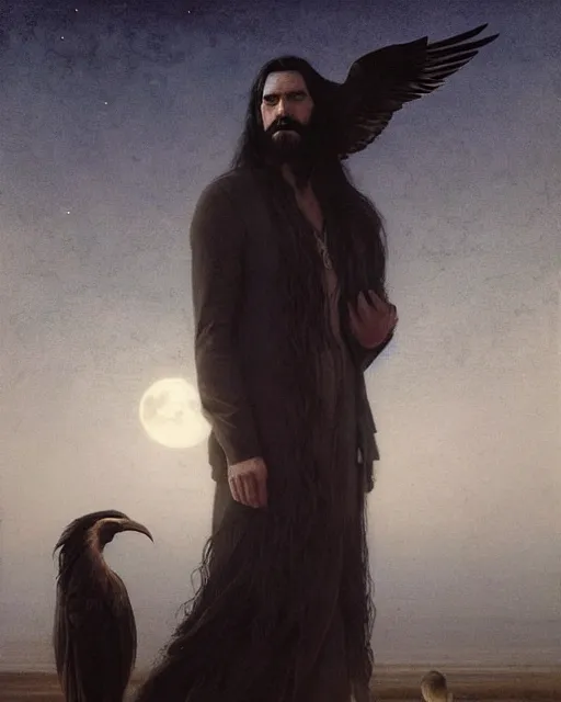 Image similar to portrait of a man with long black hair and beard holding a bird, full moon in the background, fine portrait, beautiful, concept art, by greg rutkowski, by jean delville