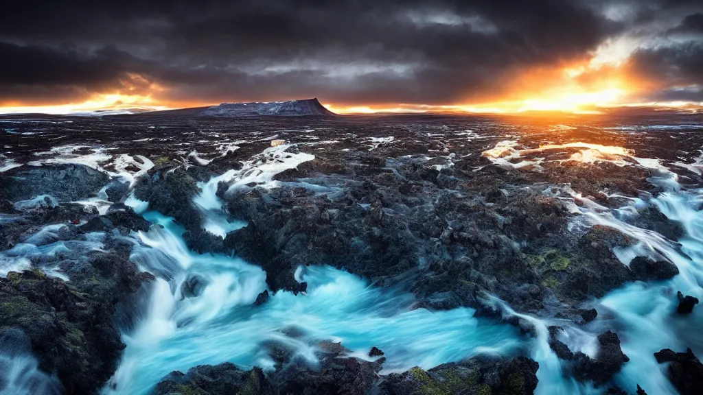 Image similar to amazing landscape photo of iceland in sunset by marc adamus, beautiful dramatic lighting