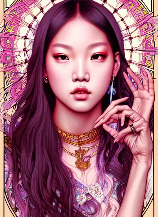 Image similar to jennie manoban of blackpink, tarot card, highly detailed, digital painting, smooth, sharp focus, illustration, ultra realistic, 8 k, art by artgerm and alphonse mucha